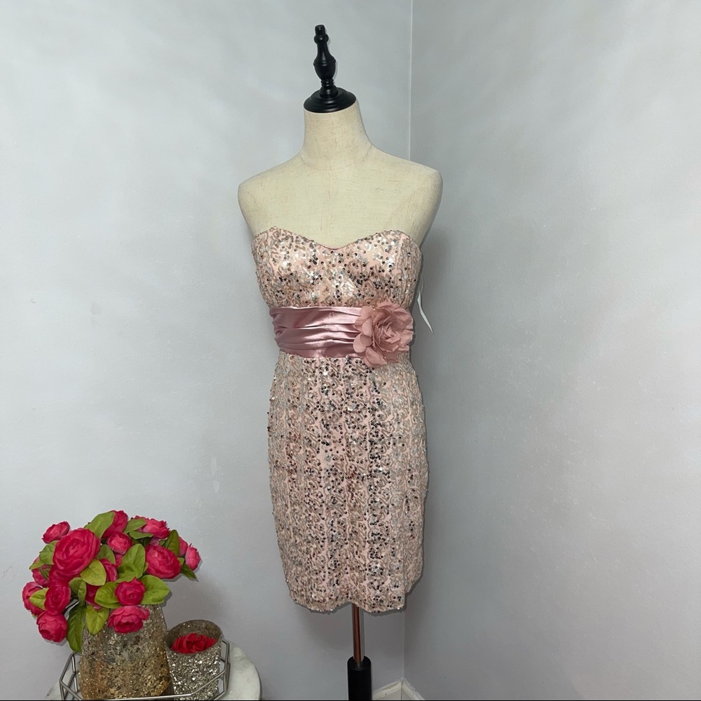 Deb Blush Pink Sequins Mini Dress With Waist Rose Flower - New With Tag- Medium